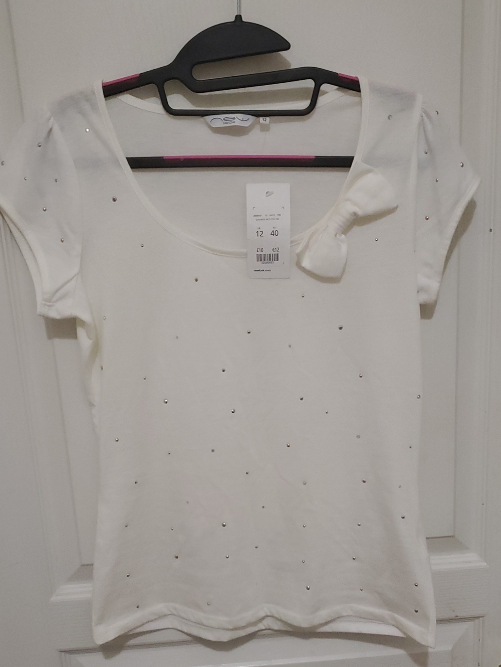 New Look White Short Sleeve Scoop Neck Top with Bow and Studs UK SIZE 12